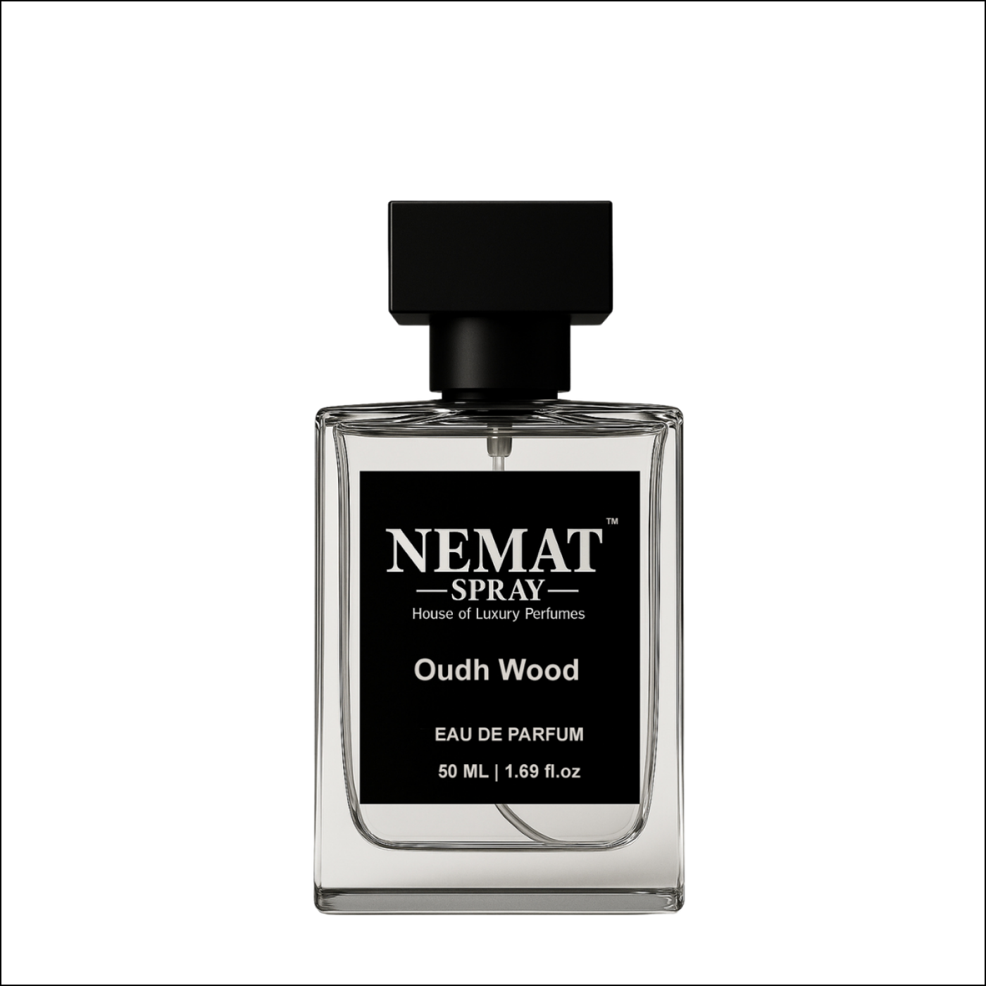 Nemat Oudh Wood 50ml Eau de Parfum in a clear glass rectangular bottle with a black square cap and black label.