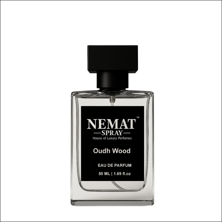 Nemat Oudh Wood 50ml Eau de Parfum in a clear glass rectangular bottle with a black square cap and black label.