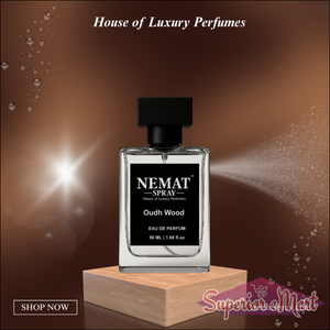 Nemat Oudh Wood perfume in glass bottle with black cap on a wooden base, brown background with mist spray.