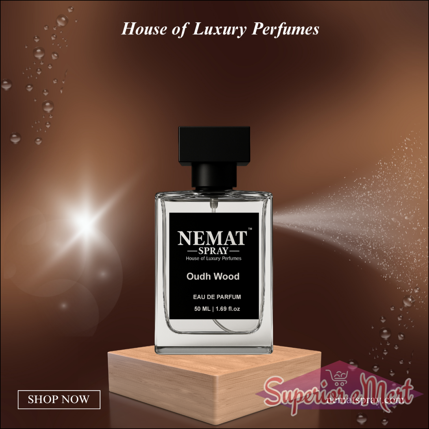 Nemat Oudh Wood perfume in glass bottle with black cap on a wooden base, brown background with mist spray.