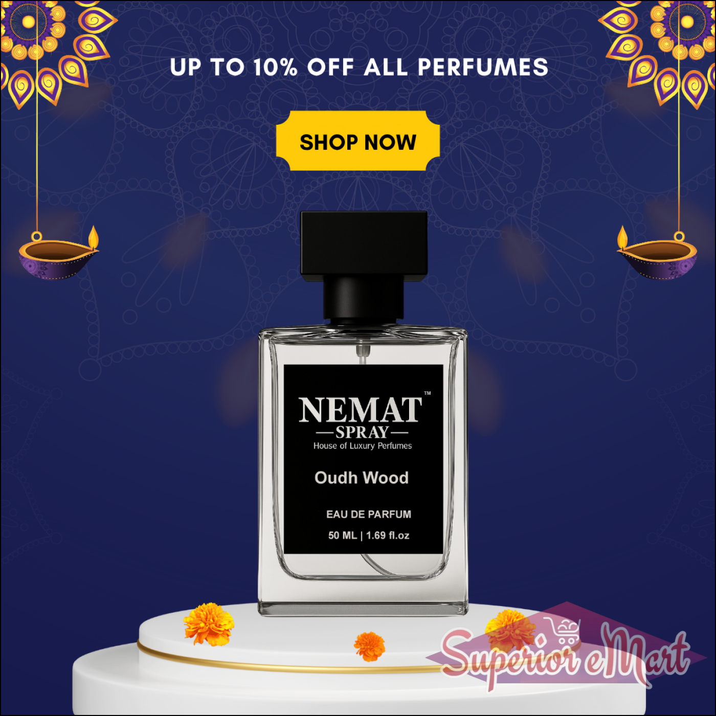 Nemat Oudh Wood glass perfume on white podium. Blue festive background with diyas and 'Up to 10% off all perfumes'.