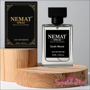 Nemat Oudh Wood 50ml Eau De Parfum. Clear glass spray bottle and black gold box on wooden pedestals.