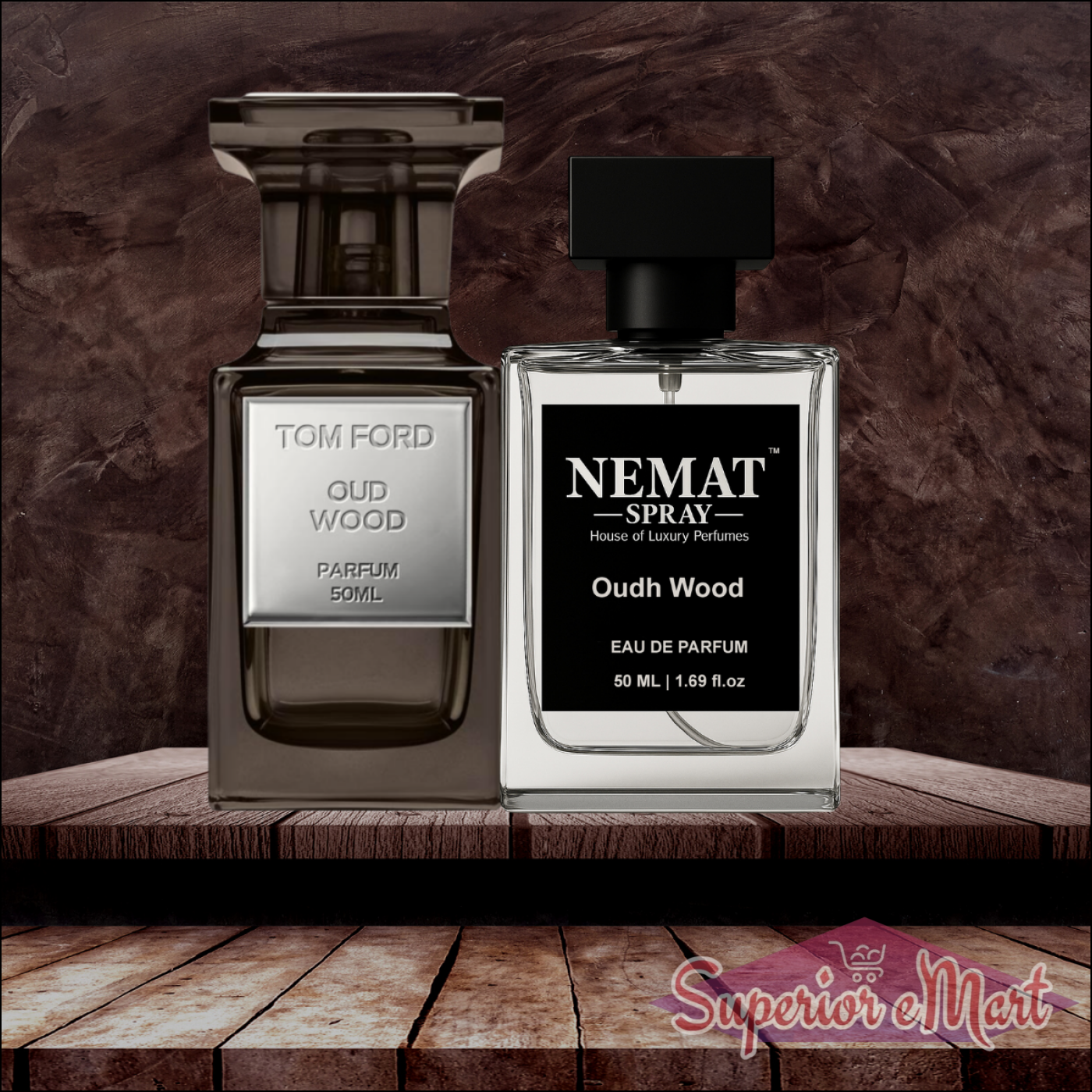 Tom Ford Oud Wood (smoky grey) and Nemat Oudh Wood (clear) 50ml perfume bottles on a rustic wooden shelf.