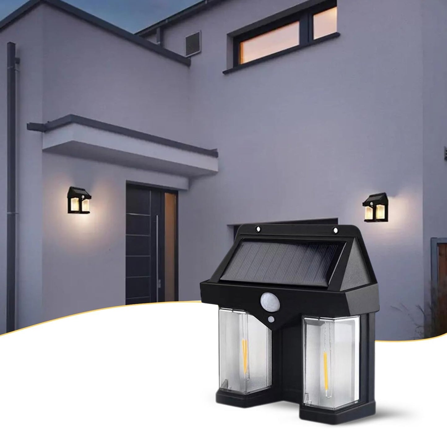 Outdoor solar wall lamp with dual lights and motion sensor, ideal for enhancing outdoor spaces