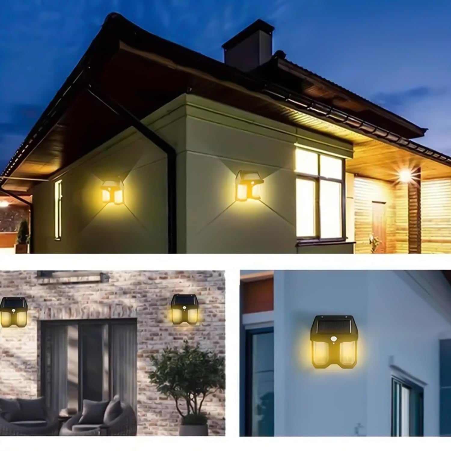 Outdoor solar wall lamp illuminating the exterior of a modern home at night for enhanced outdoor lighting