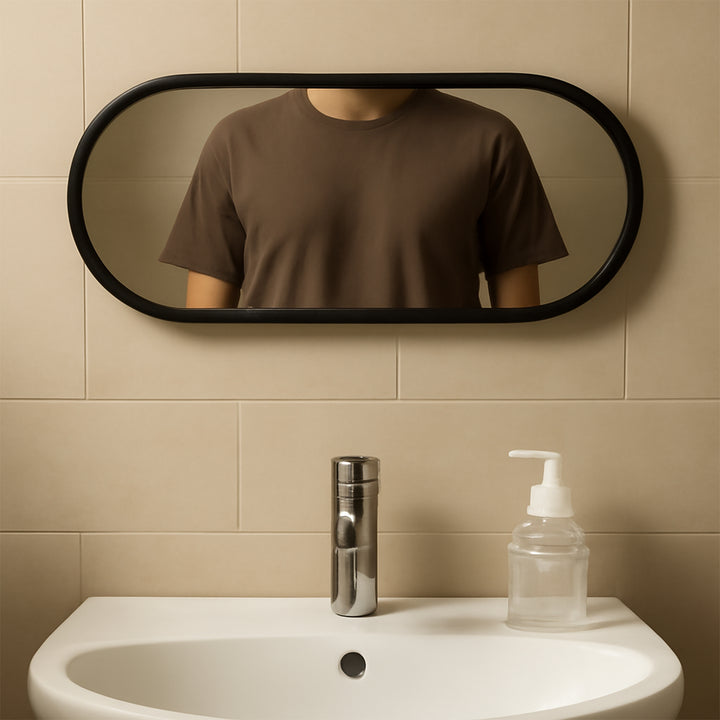 Oval Wall-mounted Bathroom Mirror (1 Pc) with sleek black frame, perfect for modern bathroom decor