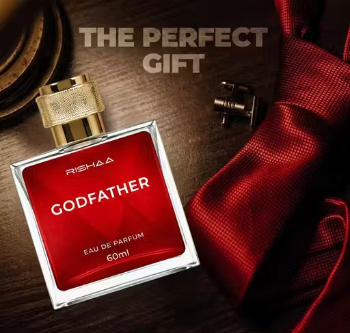 Red Rishaa Godfather perfume bottle with gold cap on a dark surface with red ribbon
