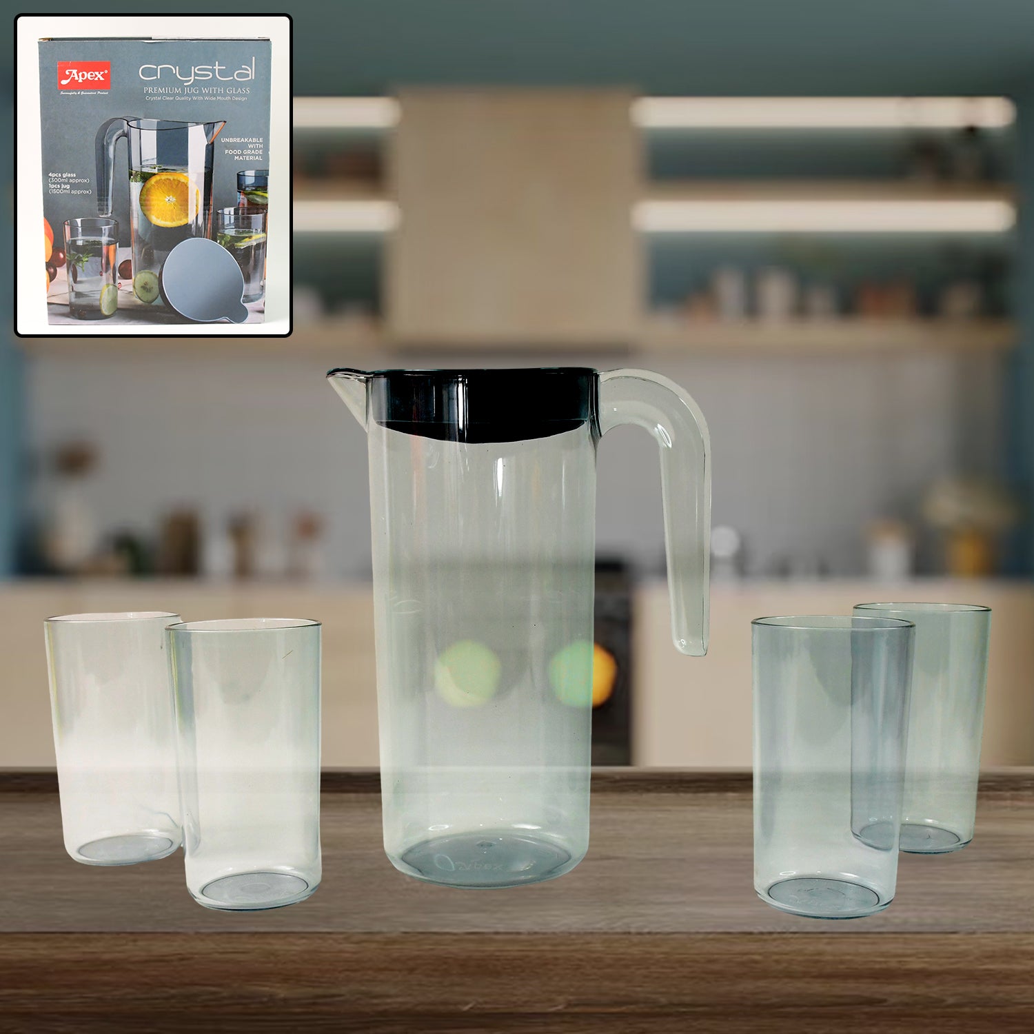 Superior eMart crystal water jug and glasses set with clear pitcher and four matching glasses on wooden table