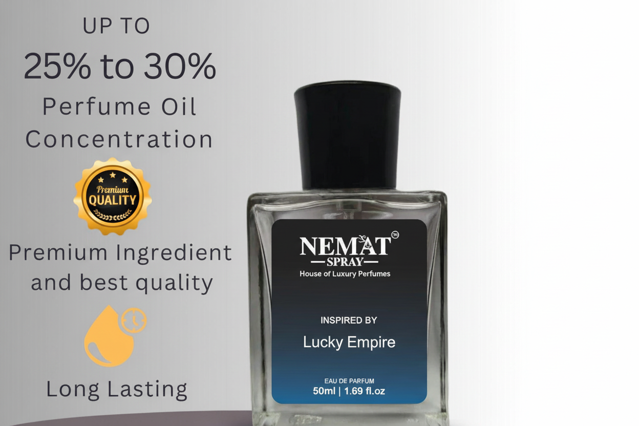 Nemat Lucky Empire 50ml perfume. Glass bottle, black cap. Features 25-30% oil concentration, long lasting quality.