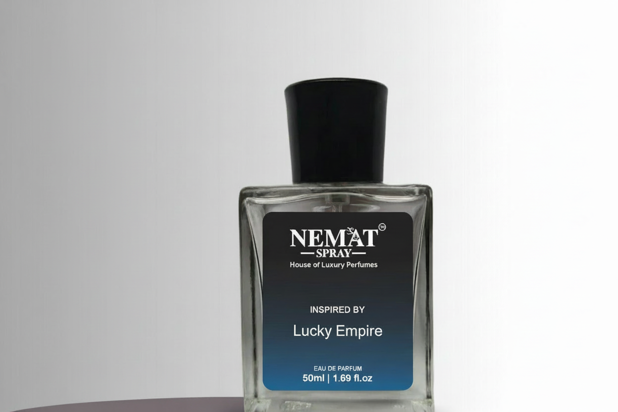 Nemat Spray "Lucky Empire" 50ml Eau De Parfum in a clear glass bottle with a black cap and blue gradient label.