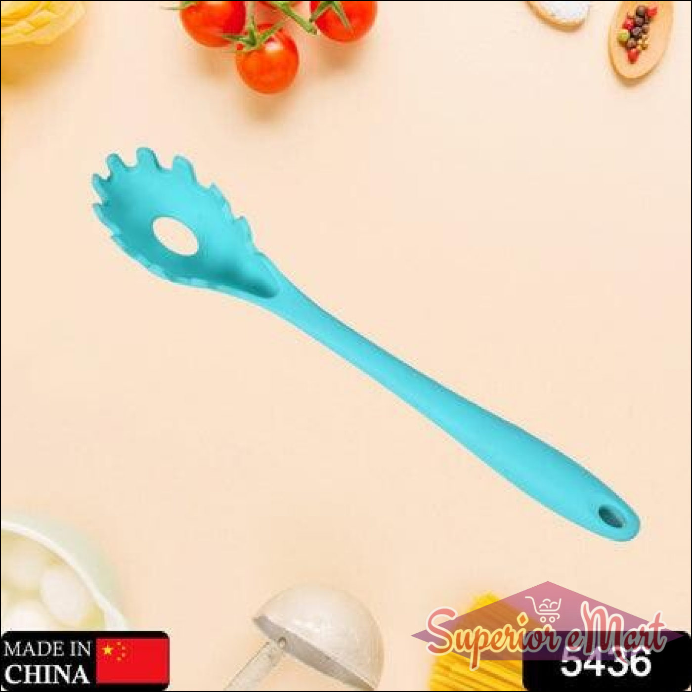 Blue heat resistant pasta fork with a unique design for serving spaghetti and other pasta dishes