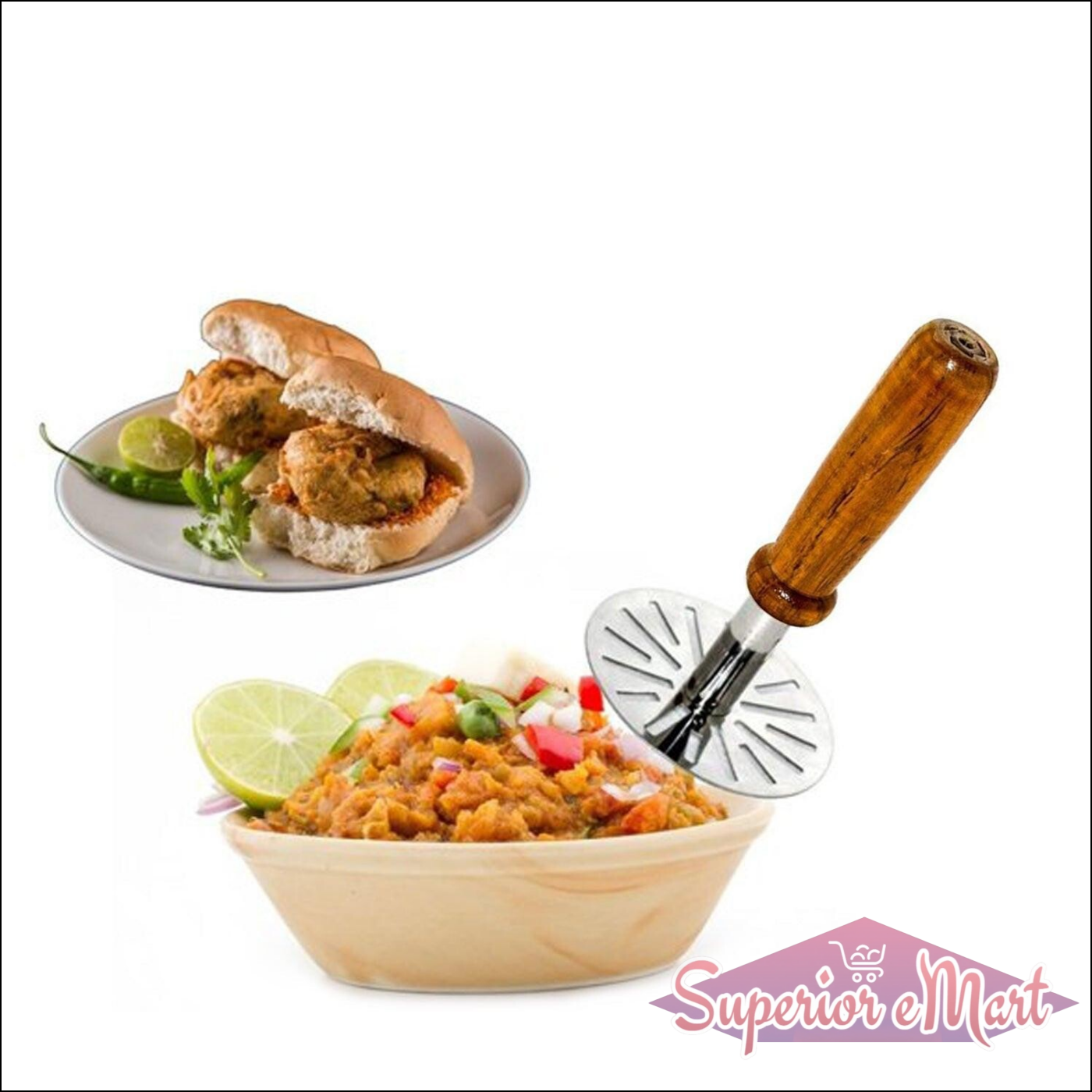 Superior eMart pav bhaji masher with a wooden handle for easy meal preparation and serving