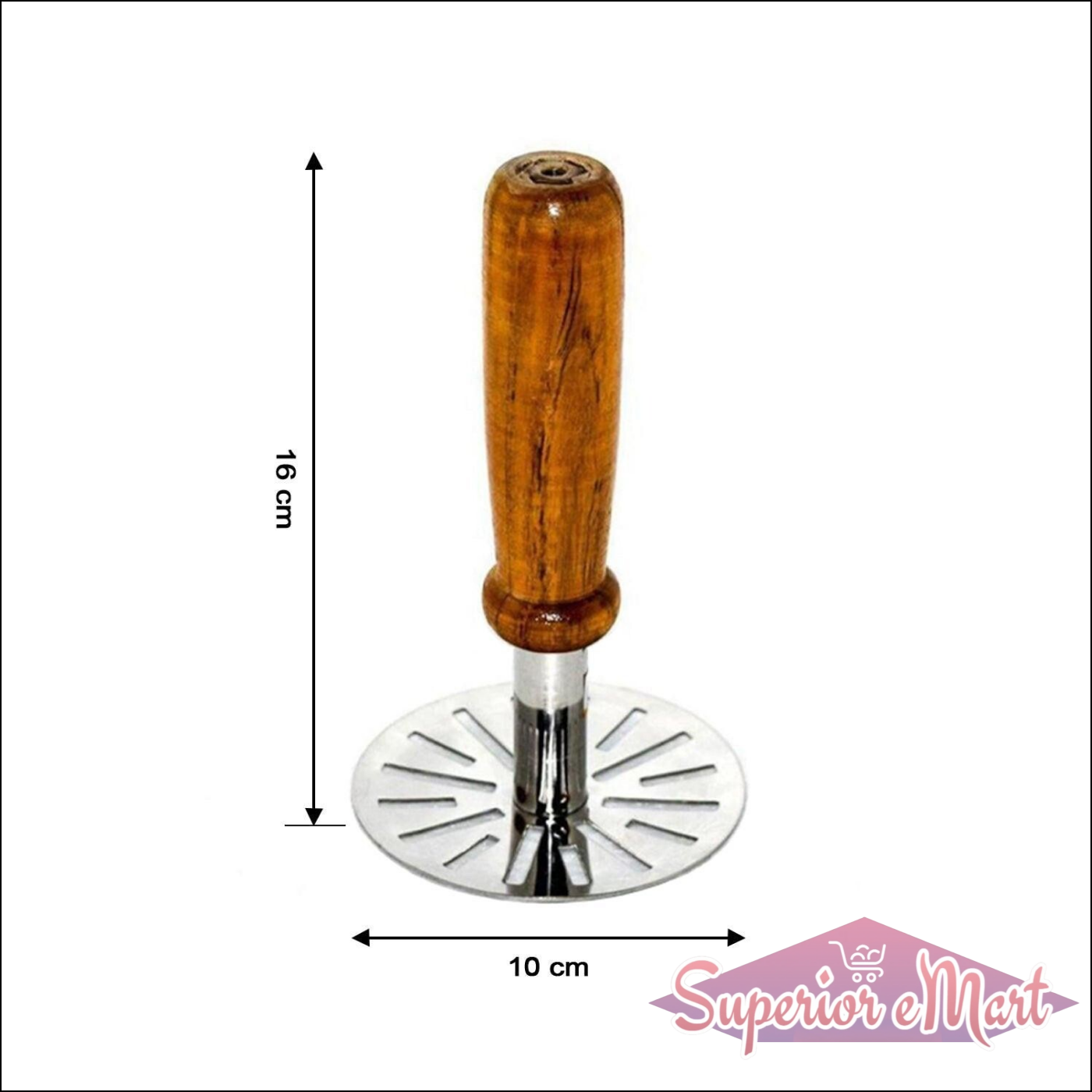 Superior eMart pav bhaji masher with a wooden handle and stainless steel base for effortless mashing