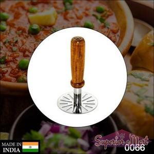 Superior eMart pav bhaji masher made of stainless steel with a wooden handle for easy food preparation