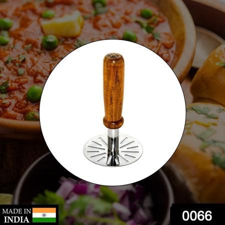 Superior eMart pav bhaji masher made of stainless steel with a wooden handle for easy food preparation