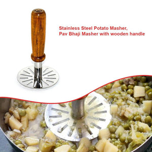 Stainless steel pav bhaji masher with wooden handle for effortless mashing of vegetables