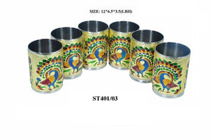 Peacock design glass and tray set featuring six vibrant glasses with intricate peacock artwork
