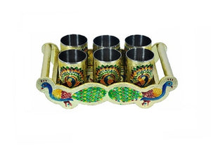 Peacock design glass and tray set with six silver glasses and intricate detailing