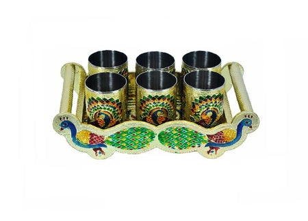 Peacock design glass and tray set with six silver glasses and intricate detailing