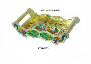 Peacock design glass and tray set with colorful detailing and handles for home decor