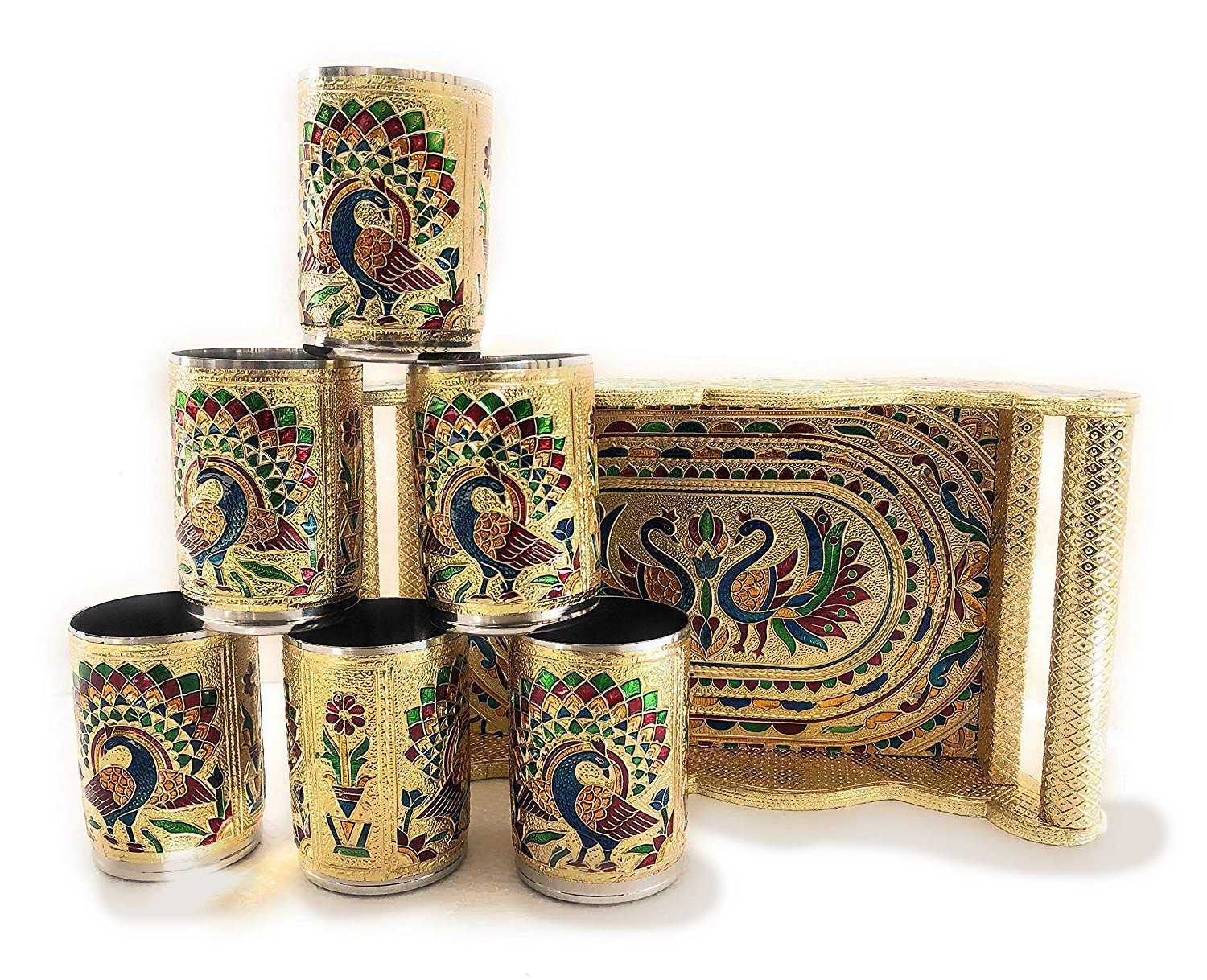 Peacock design glass and tray set featuring beautifully decorated glasses and a stylish tray
