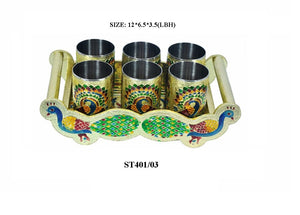 Peacock design glass and tray set featuring six metallic glasses and a decorative tray