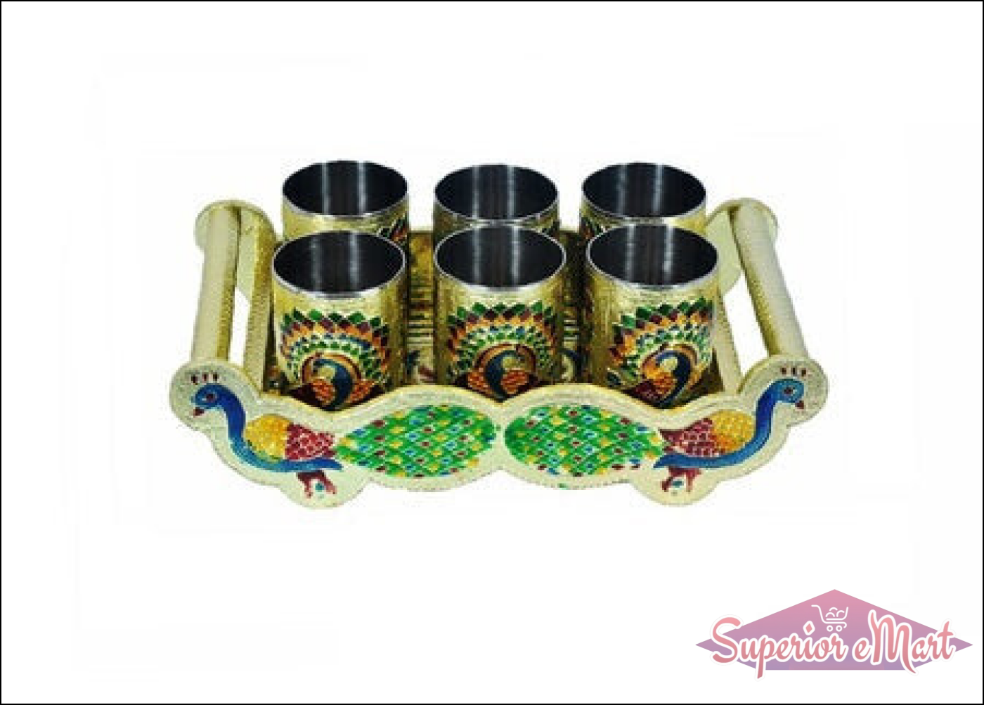 Peacock design glass and tray set with six silver glasses and intricate detailing