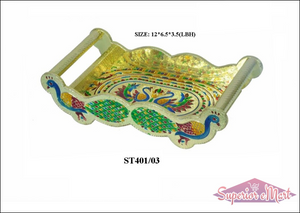 Peacock design glass and tray set with colorful detailing and handles for home decor