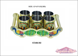 Peacock design glass and tray set featuring six metallic glasses and a decorative tray
