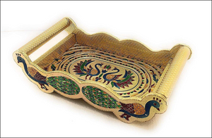 Elegant peacock design glass and tray set featuring vibrant colors and intricate detailing