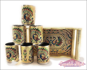 Peacock design glass and tray set featuring beautifully decorated glasses and a stylish tray