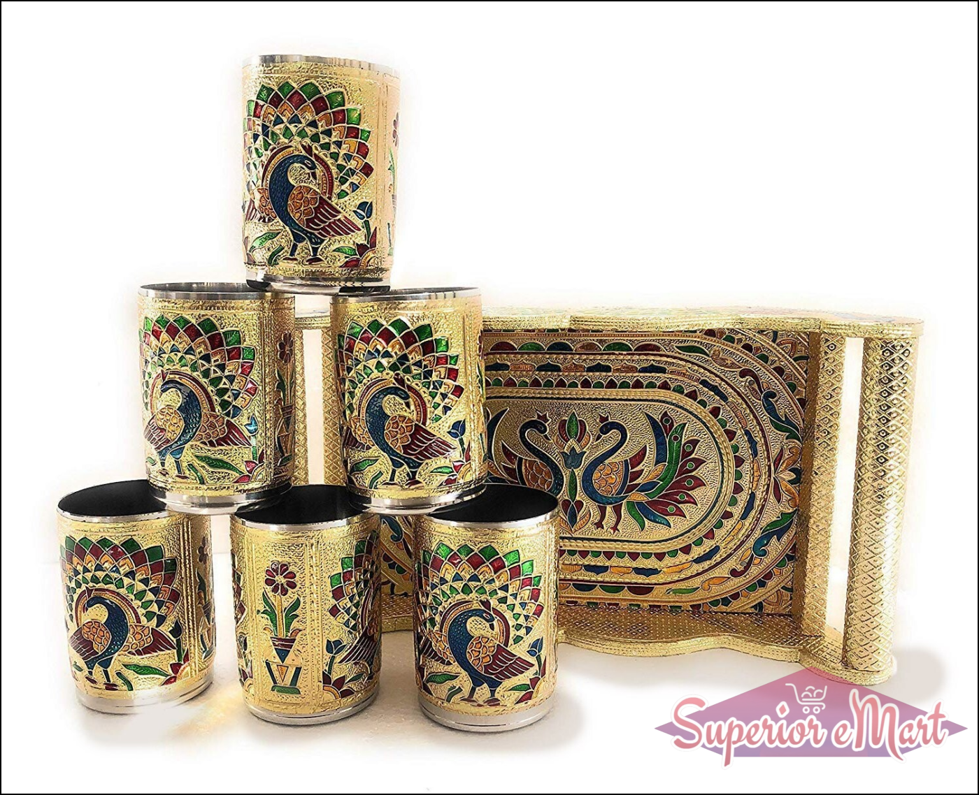 Peacock design glass and tray set featuring beautifully decorated glasses and a stylish tray