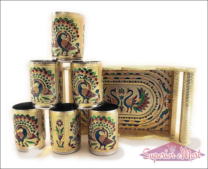 Peacock design glass and tray set featuring beautifully decorated glasses and a stylish tray