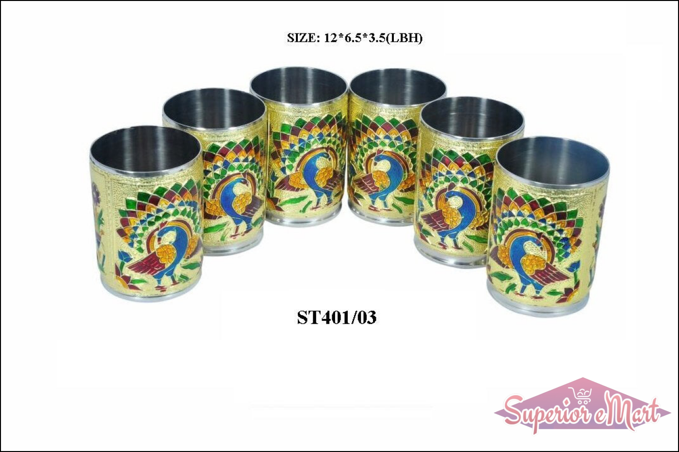 Peacock design glass and tray set featuring six vibrant glasses with intricate peacock artwork
