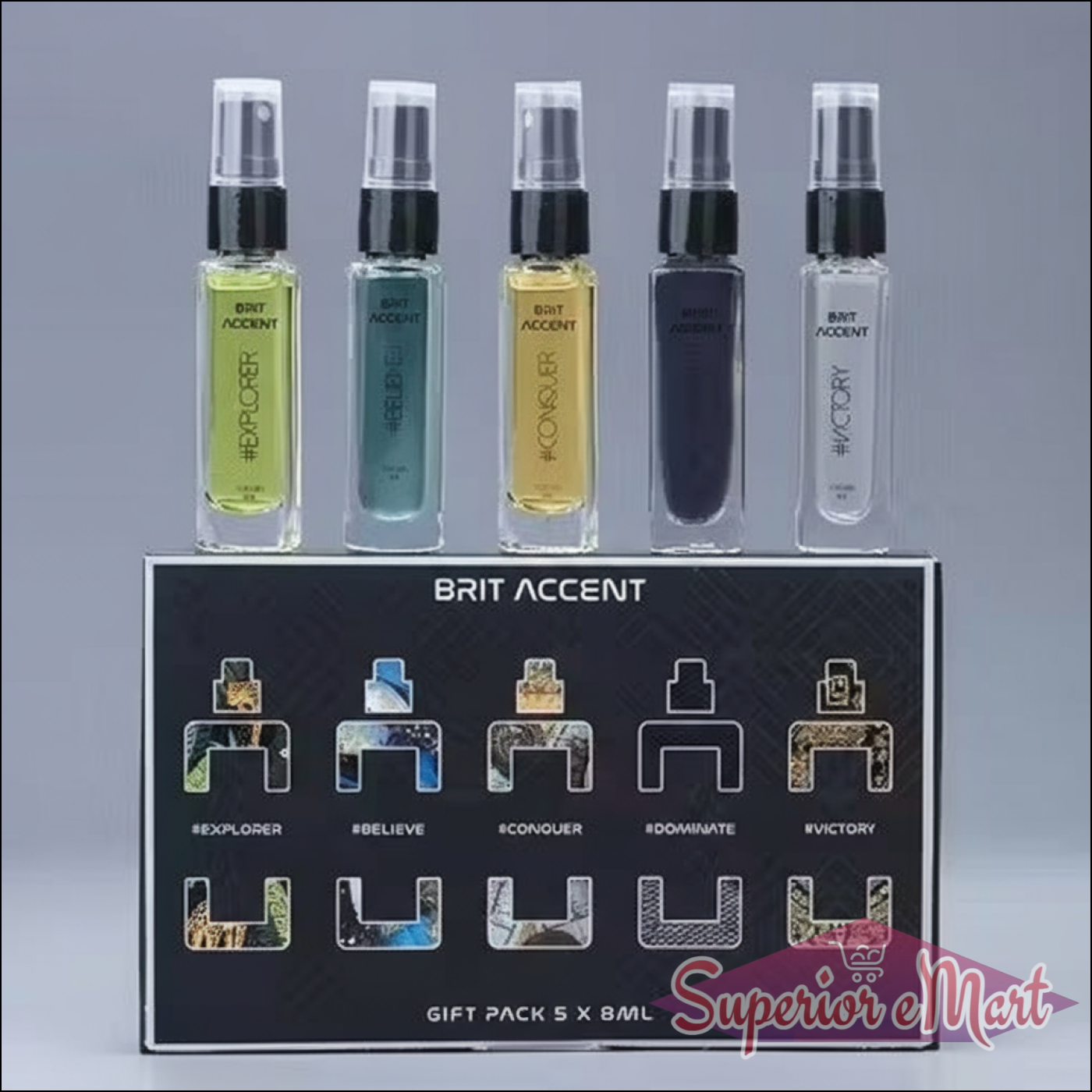 Men's perfume gift pack featuring five 8ml bottles from Brit Accent collection