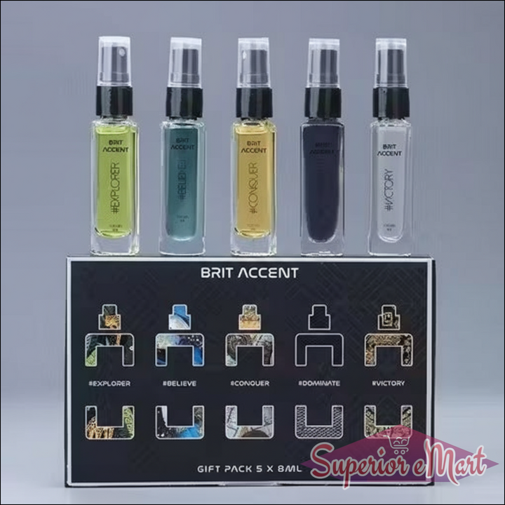 Men's perfume gift pack featuring five 8ml bottles from Brit Accent collection