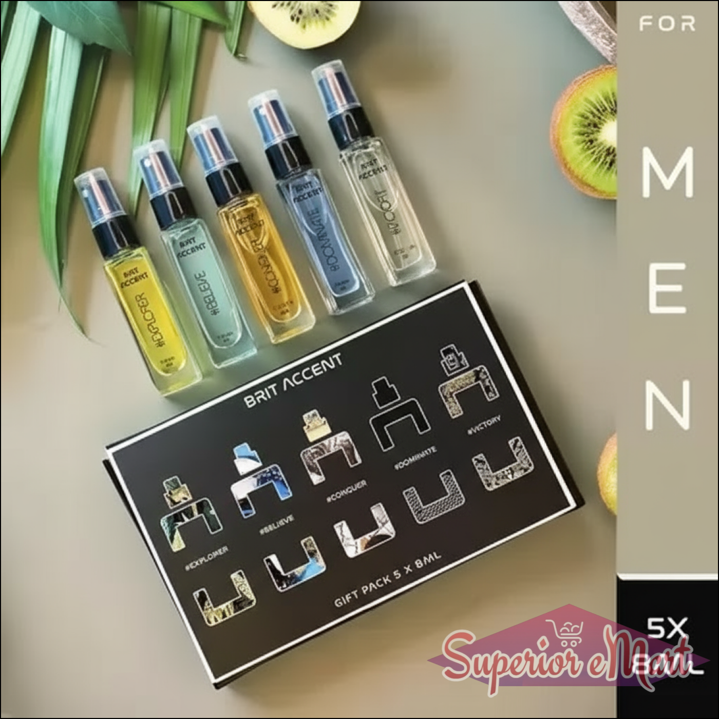 Men's perfume gift pack featuring five 8ml fragrances in stylish bottles from Superior eMart