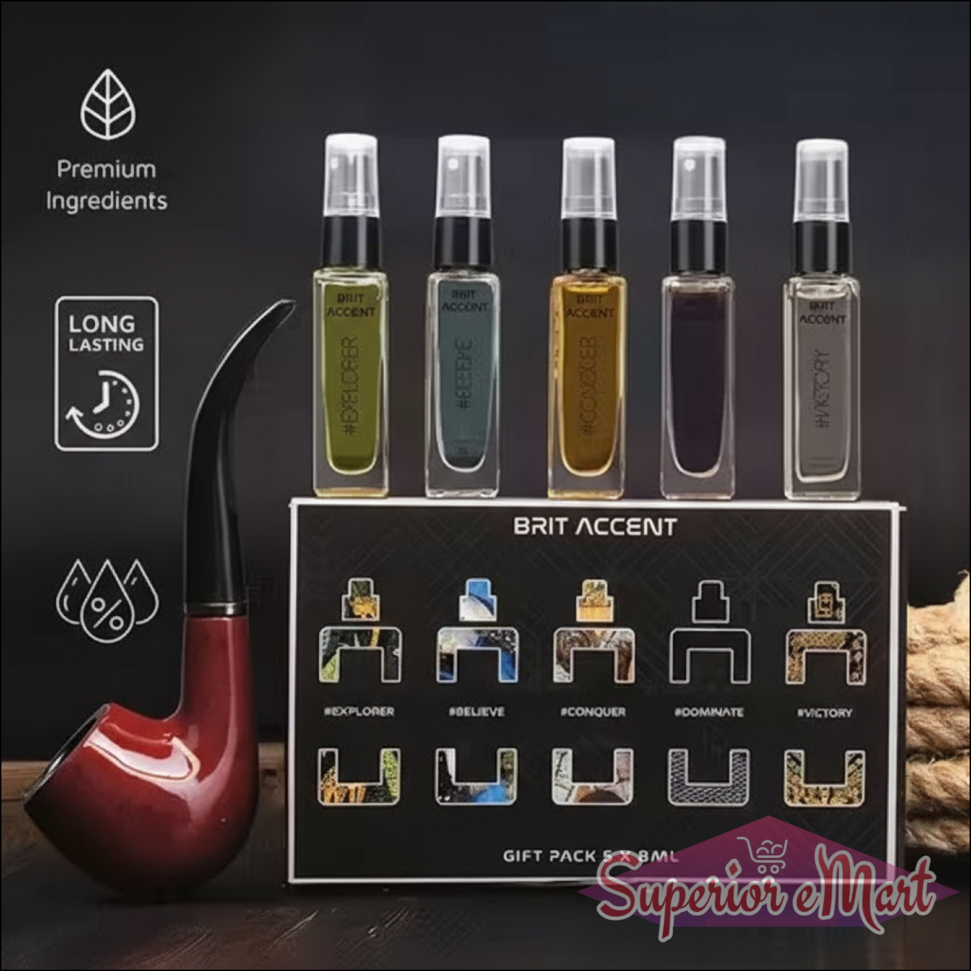 Brit Accent men's perfume gift pack featuring five long-lasting fragrances in 8ml bottles