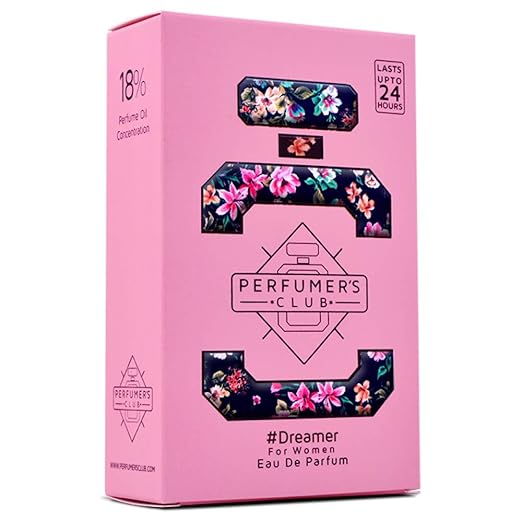 Pink packaging of #Dreamer Eau De Parfum for women from Superior eMart, featuring floral design, luxury perfume for women