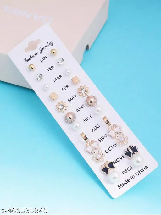 Beautiful 12 Pair Combo Set Zircon, Black, Pearl Brass, Stone, Silicone, Alloy, Silver Stud Earring, Hoop Earring, Cuff Earring, Ear Thread, Earring Set girls, and woman