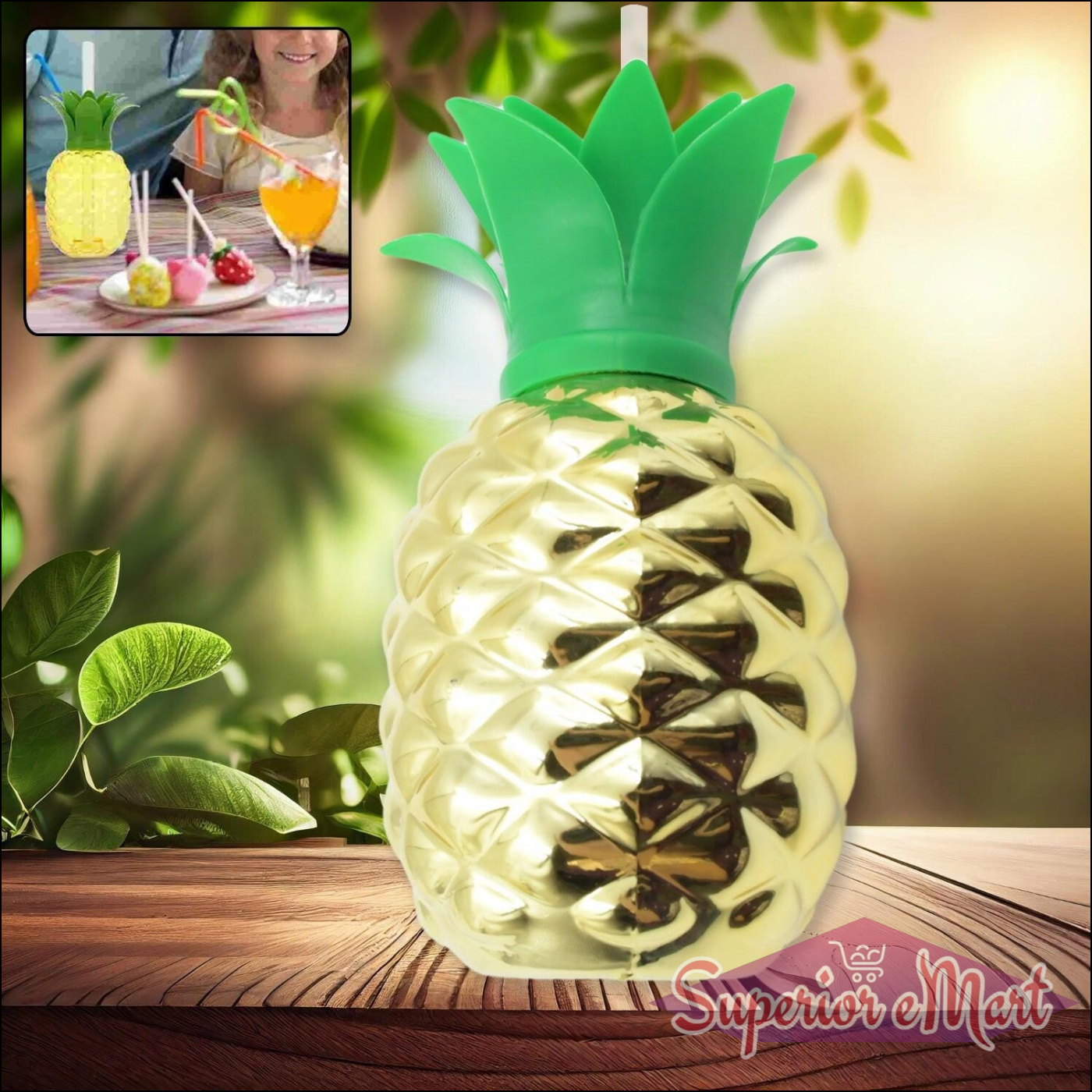 Colorful pineapple cup with straw for fun drinks at parties and gatherings