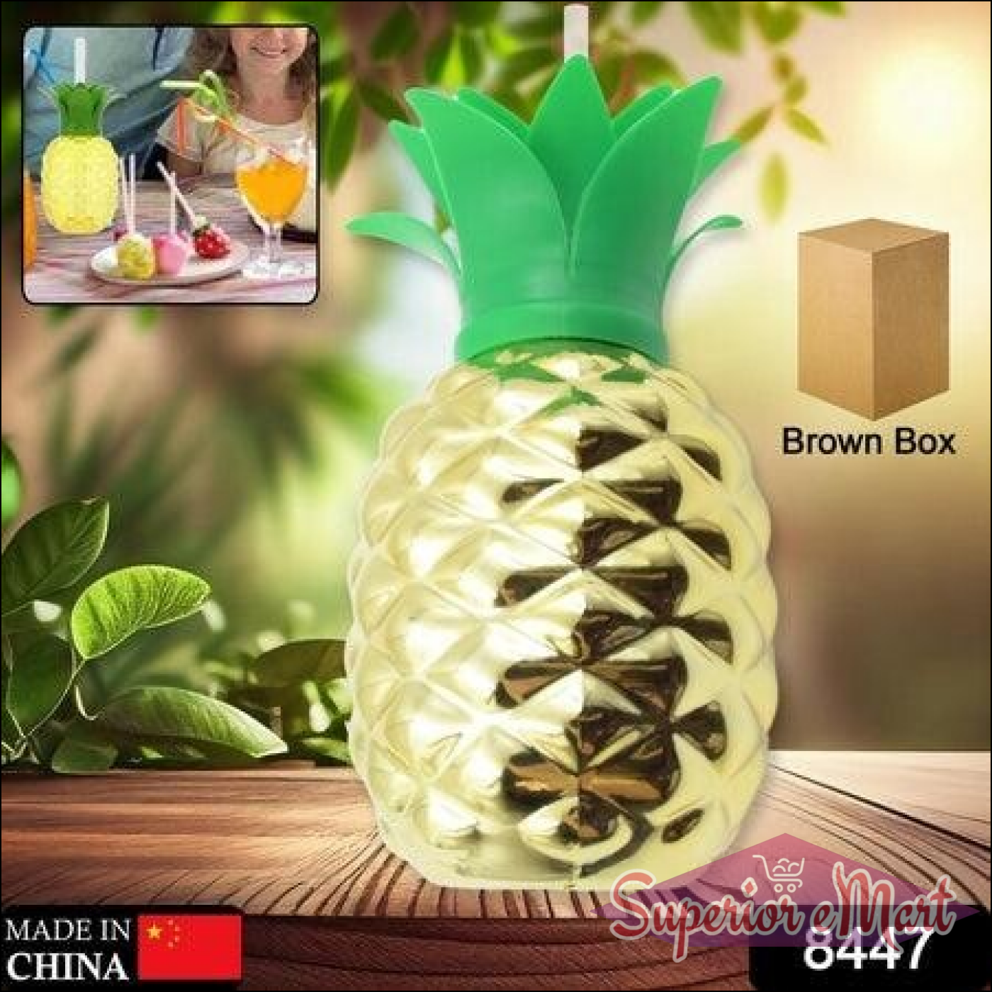 Novelty pineapple cup with straw perfect for summer parties and tropical drinks.