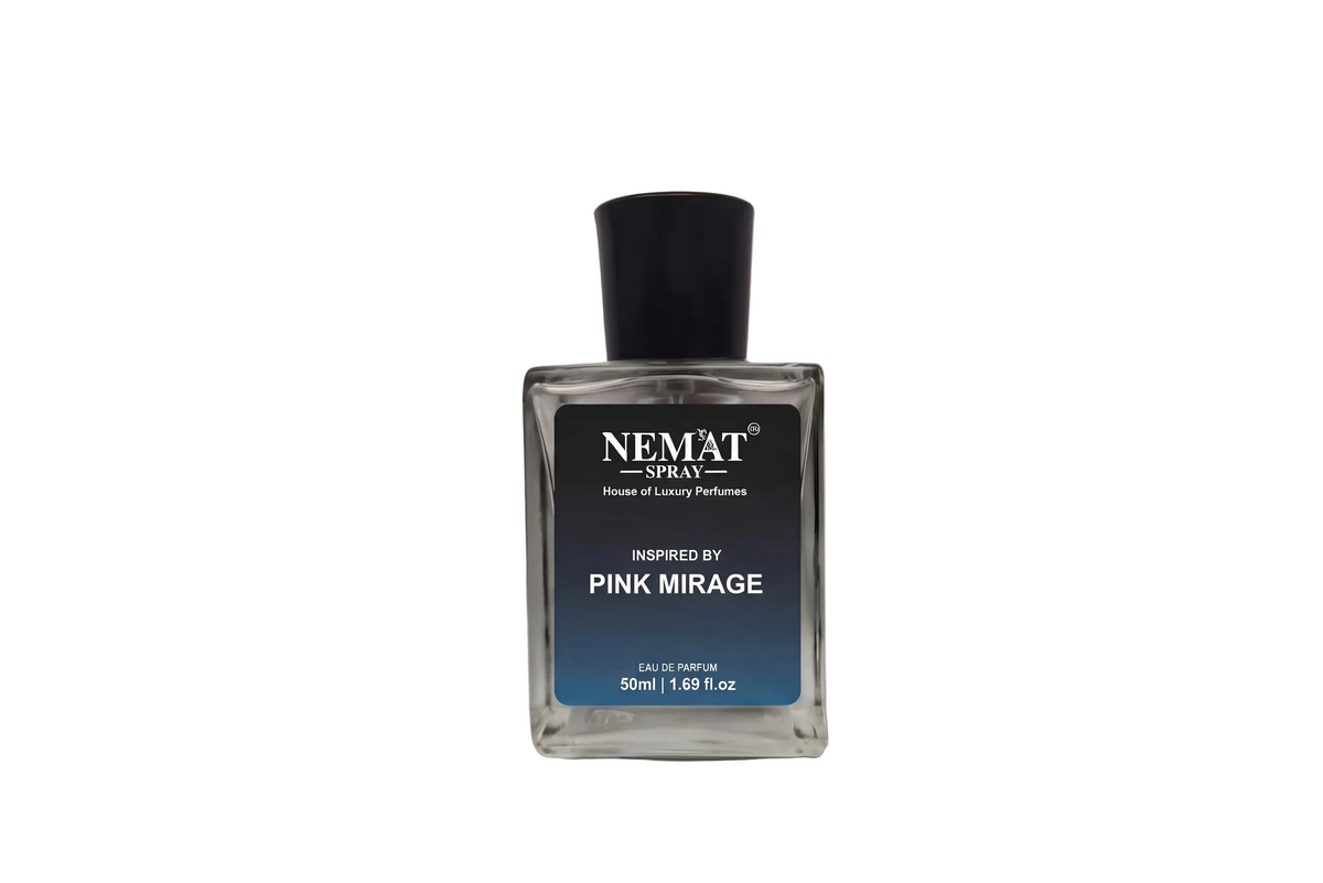 A rectangular glass bottle of NEMAT SPRAY perfume with a black cap and a black-to-blue gradient label, displayed on a black pedestal against a warm beige background.