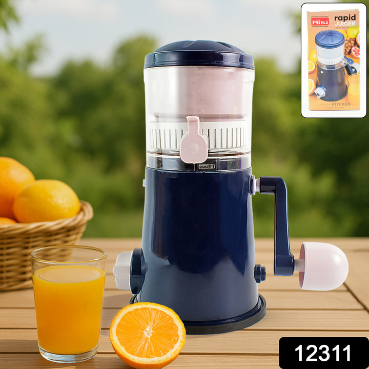Superior eMart manual hand juicer for fruits and vegetables in blue with glass of orange juice and fresh orange slice