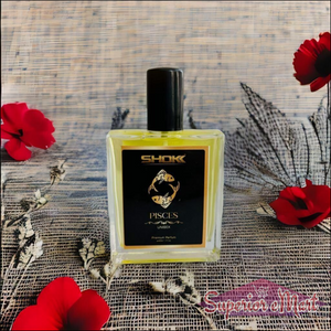 Pisces zodiac unisex perfume 50ml in a stylish bottle with floral background for versatile fragrance lovers