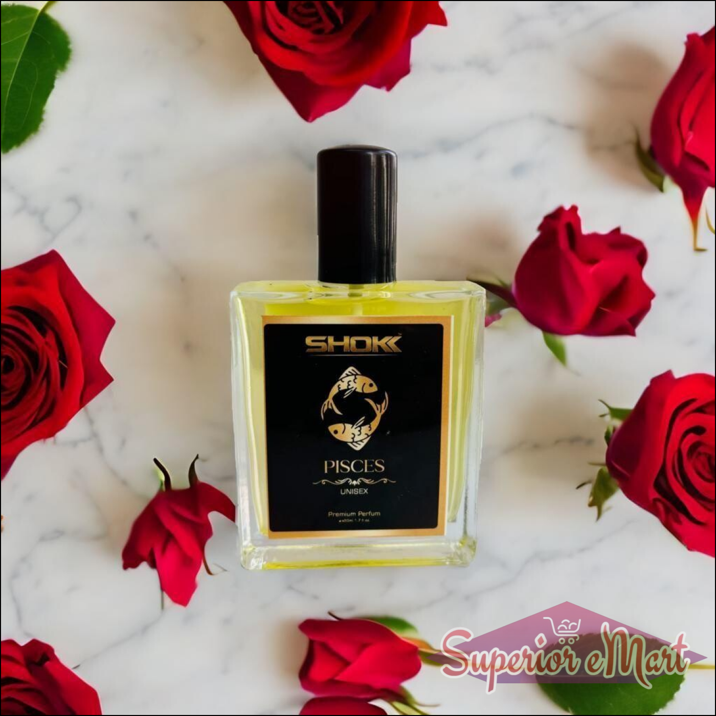Pisces zodiac unisex perfume 50ml surrounded by red roses on marble surface