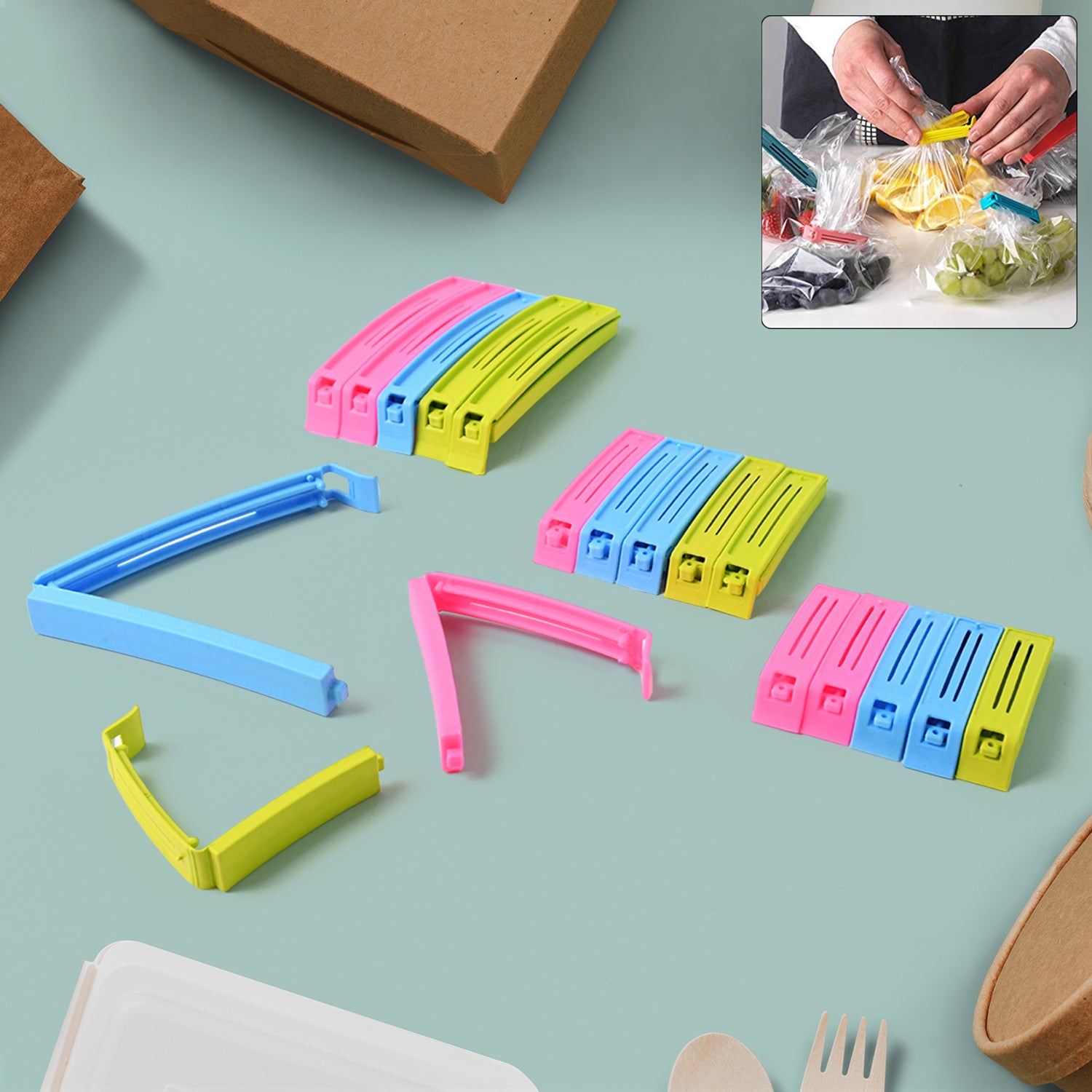 Colorful plastic pouch sealer clips in blue, pink, and green for sealing bags and food storage