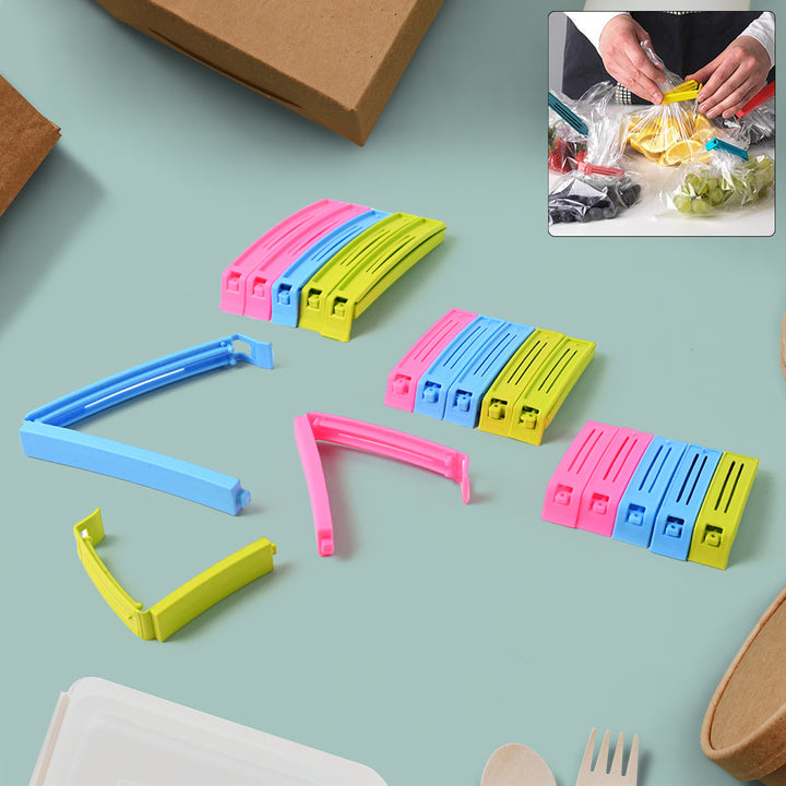 Colorful plastic pouch sealer clips in blue, pink, and green for sealing bags and food storage