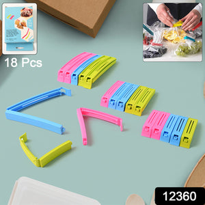 18 Pcs plastic pouch sealer clips in various colors for sealing food bags and preserving freshness