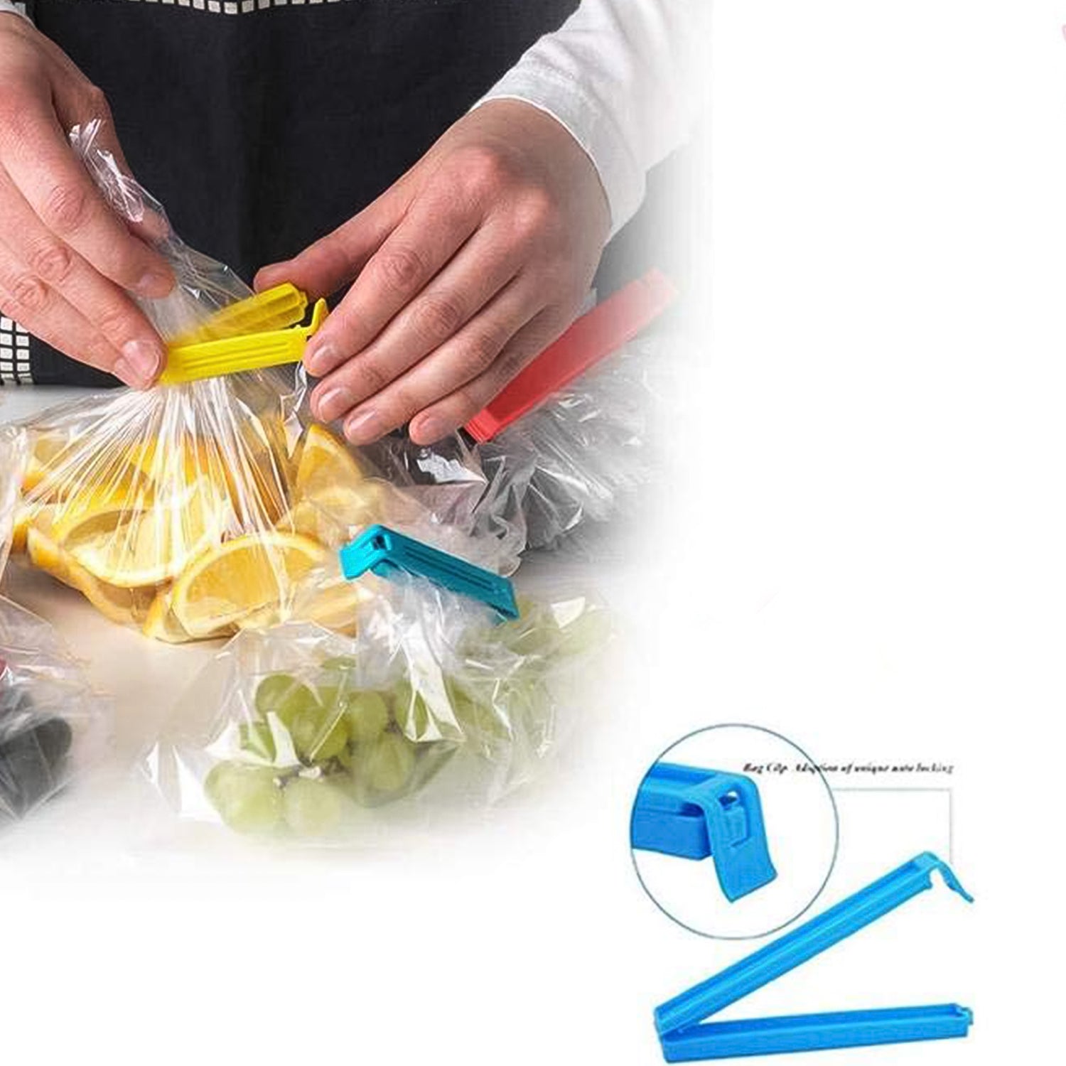 Hands using colorful plastic pouch sealer clips to seal bags of fruits and vegetables